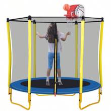 MERAX 5.5FT Trampoline For Kids - 65" Outdoor & Indoor Mini Toddler Trampoline With Enclosure, Basketball Hoop And Ball Included - Yellow - View 6