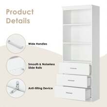 71" Tall Bookcases With 3 Large Drawers, 3 Tier Wooden Storage Bookshelf For Living Room Home Office, White - trắng - Xem 10