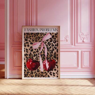 1 件，帆布悬挂海报，实木 40*50 厘米带框装饰画，杂志复古海报，豹纹樱桃海报，艺术，时尚印刷，艺术，时尚复古墙艺术，时尚海报印刷，时尚墙艺术