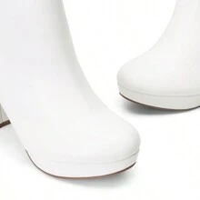Women's Chunky Shaft High Heel Ankle Boots Round Toe With Side Zipper - White - View 8