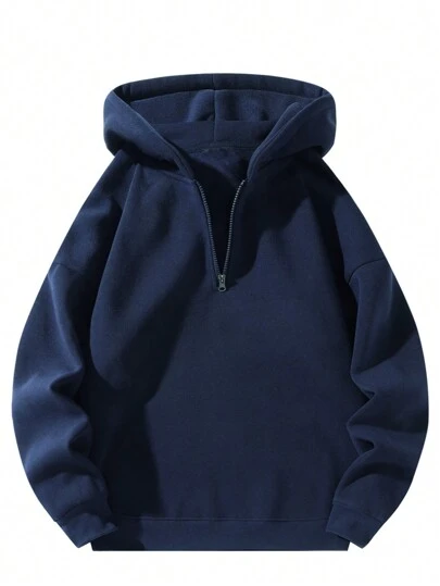 Men's Solid Color Half-Zip Pullover Hooded Sweatshirt, Couple Style Fleece Hoodie