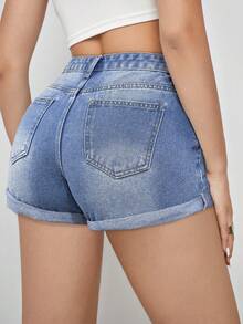 Women's Summer Casual Rolled Hem Distressed Washed Mid-Waist Denim Shorts, Blue - Blue - View 5