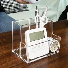 1pc Highly Attractive Pen Holder & Desktop Storage Box, Transparent Compartment Organizer For Students, Office, Makeup, Stationery - Multicolor - View 9