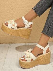 女士坡跟厚底凉鞋，夏季正装鞋，新款时尚系带厚底罗马花鞋 - 米色 - 查看 5