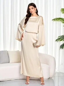Damen Satin Maxikleid mit rückenfreiem Kragen, weiten Ärmeln und Meerjungfrauensaum in Einfarbig - Aprikosenfarben - Übersicht 6