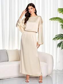 Damen Satin Maxikleid mit rückenfreiem Kragen, weiten Ärmeln und Meerjungfrauensaum in Einfarbig - Aprikosenfarben - Übersicht 3