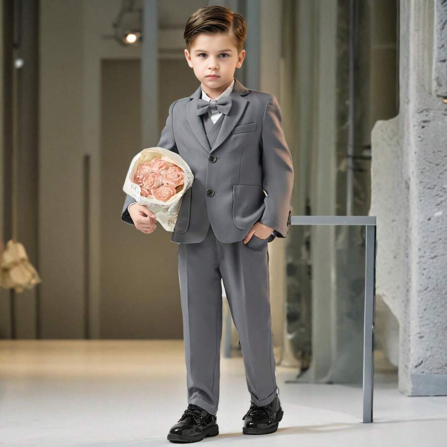 Young Boy Gray 3pcs Suit Set Blazer + Pants + Bowtie Children Birthday Party Piano Performance Wedding Catwalk Costume - Grey - View 1