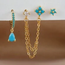 Set de 3 piezas de aretes con baño de oro de 18K y piedras preciosas decorativas, con cierre cartílago y múltiples perforaciones, joyería de regalo para mujeres y niñas - E1569b-Juego de 3 pendientes - Ver 3