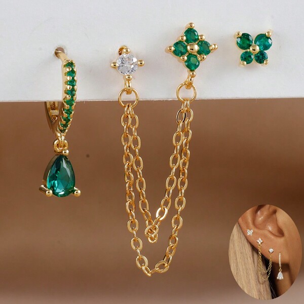 Conjunto de 3 brincos de argola Huggie banhados a ouro 18K, borboleta, zircônia, cobre e aço inoxidável, flores brilhantes de zircônia cúbica, brincos de cartilagem, hélice Daith, corrente com furo duplo, joias de presente para meninas