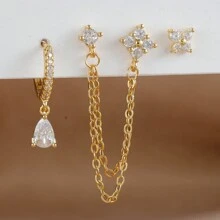 Set de 3 piezas de aretes con baño de oro de 18K y piedras preciosas decorativas, con cierre cartílago y múltiples perforaciones, joyería de regalo para mujeres y niñas - E1569b-Juego de 3 pendientes - Ver 4
