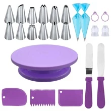 24pcs Stainless Steel Piping Tips Cake Turntable Set, Including 12 Piping Tips, 1 Cake Turntable, 2 Reusable Piping Bags, 2 Silicone Rings, 2 Converters, 2 Cream Scrapers, 3 Cream Scraper Patterns, For Cake Decorating And Baking, Creams, Biscuits, And Kitchen Gadgets - 24pcs - View 11