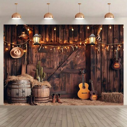 1pc Western Cowboy Theme Photography Background Cloth, Western Cowboy Polyester Photography Background Banner, Wilderness Western Barn Wooden Door House Photo Background, Vintage Party Banner Decoration, Photo Booth Studio Props, Birthday Cake Table Supplies