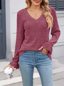 Women's Textured Casual Sweater Lace V Neck Blouse Tops