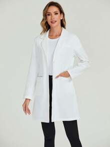 Women's Solid Color Lab Coat With Shirt Collar And Single-Breasted Closure, Long Sleeve