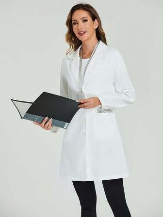 Women's Solid Color Lab Coat With Shirt Collar And Single-Breasted Closure, Long Sleeve