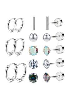 8 Pairs Of Medical Stainless Steel Earrings For Sensitive Ears, Small Opal Balls CZ Flat Back Stud Earrings, Hypoallergenic Hoop Earrings For Men And Women 20G Cartilage Earrings - Earring Set - View 11