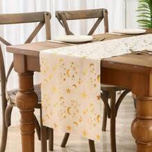 1 pièce Chemin de table décoratif, thème classique doré avec motif étoiles et lunes en feuille d'or, convient pour la décoration de table de la maison pour l'Al-Fitr, cadeau
