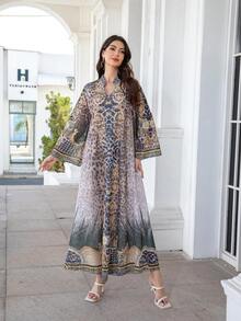 V-Neck Dress With All-Over Floral Jacquard Print, Regular Fit, Long Sleeves, Shimmery Rhinestone Embellishment, Elegant Moroccan Jalabiya Robe For Women