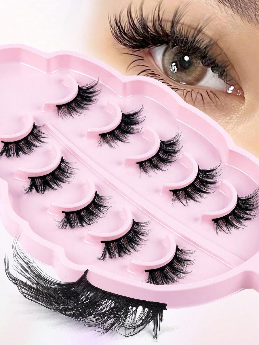 5 Pairs CC Curl Manga Half Lashes Clear Band Eyelashes Cat Eye False Eyelashes Short Soft 3d Faux Mink Eyelashes Soft Natural Makeup,Pink Leaf Tray, Suitable For Travel Carrying, Christmas Gift For Women - 眼尾拉長款 - 查看 1