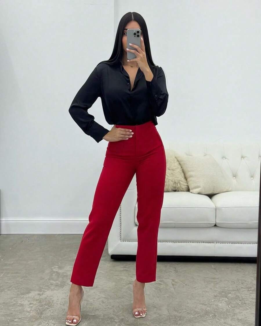 Pantalón con pinzas formal - Rojo - Ver 1