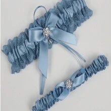 1 对新娘梅花锆石吊袜带配白色蕾丝腿链，水晶蝴蝶结腿吊袜带，适合女士、婚礼、舞会装饰 - 霧霾藍 - 查看 3