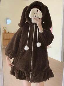 Kawaii Anime Bunny Ear Hoodies For Women Sweet Lovely Fuzzy Fluffy Rabbit Sweater Tops Cosplay Jacket Coats - Brown - View 2