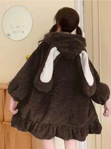 Kawaii Anime Bunny Ear Hoodies For Women Sweet Lovely Fuzzy Fluffy Rabbit Sweater Tops Cosplay Jacket Coats - Brown - View 3