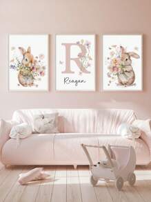 3pcs Customized Name Art Poster, Personalized Rabbit, Floral Wall Art, Dopamine Picture, Room Decor For Girls Bedroom, Birthday Gift, Graduation Gift, Unframed, Home Harmony - Multicolor - View 4