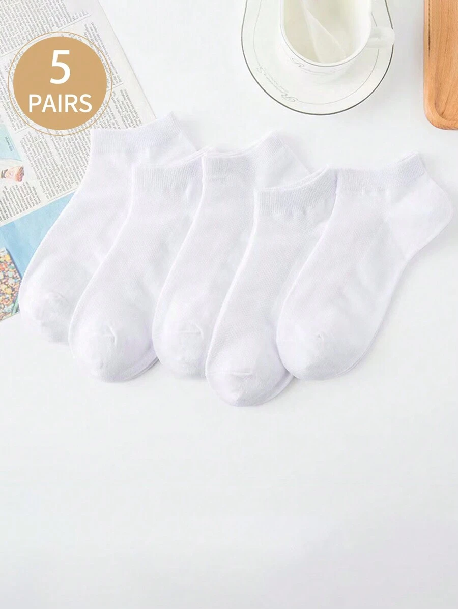 5pairs Solid White Women's Low-Cut Socks, Essential For Travel And Vacations, A Best-Selling Item! - White - View 1