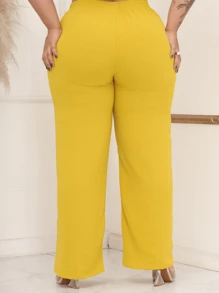 PLUS SIZE PANTS, WIDE LEG, HIGH WAIST WITH ELASTIC DUNA FABRIC - 黃色 - 查看 2