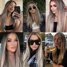 Gorgeous Ash Brown & Blonde Highlights Lace Front Wigs 26 Inch Pre Plucked Long Straight Hair Wigs With Free Part Design Heat Resistant Christmas Wig Long Silky Straight Synthetic Lace Front Wigs For Women For Daily Party Cosplay Use - Blonde Highlight - View 10