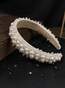 1 件优雅 4 厘米宽奢华珍珠和水晶面料女士头带，适合舞会和正式活动 - 米色 - 查看 2