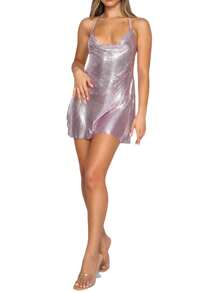 Women Shiny Spaghetti Strap Dress Solid Color Sleeveless Backless Party Dress For Cocktail Nightclub Beach - Hồng - Xem 2