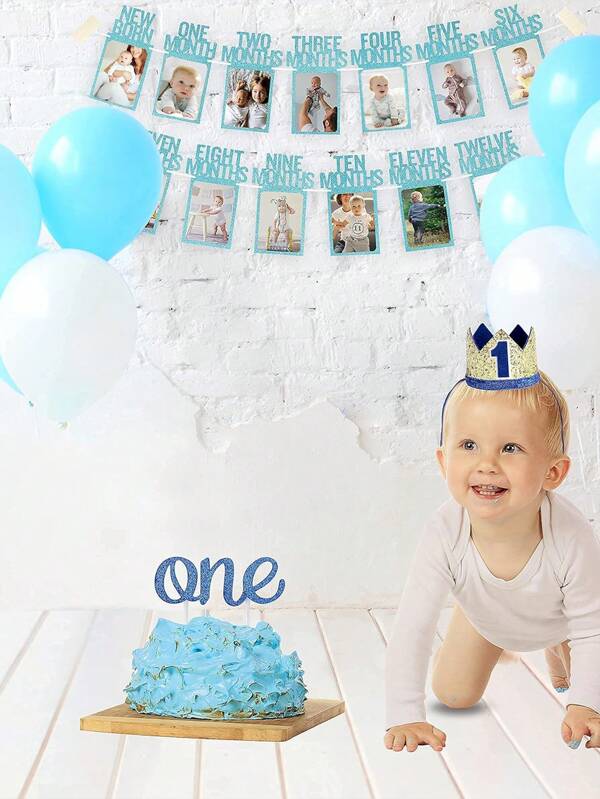 1st Birthday Photo Banner For Baby From Newborn To 12 Months, First Birthday Decorations Girl Monthly Milestones Garland | First Birthday Photo Banner Pre-Strung With Frame
