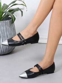 Ladies Flat Pointed Toe Patchwork Shoes, Comfortable & Elegant - Black - View 6