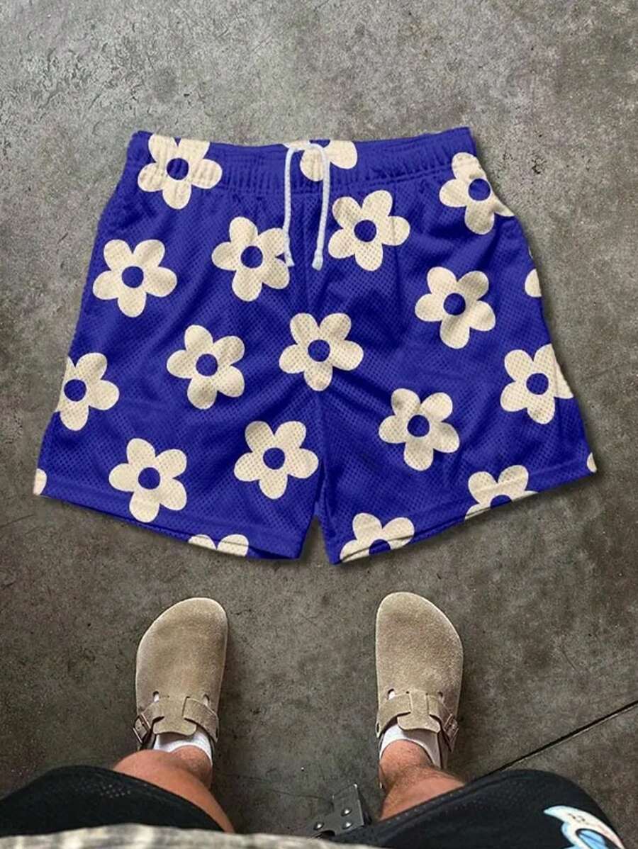 Men's Fashionable Floral Print Beach Shorts, Summer - Blue - View 1