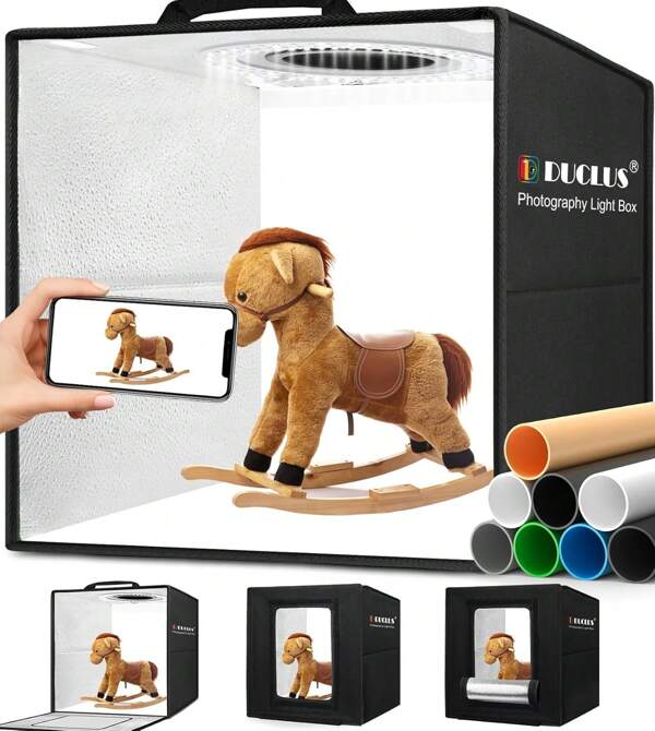 DUCLUS DUCLUS Fotobox zum Fotografieren, 30x30 cm Photobox zum Produktfotografie, Faltbare Mini Fotostudio Set mit Dimmbare 112 LEDs, 8 Glänzende Hintergründe für Lichtzelt zum Schmuck Kleine Gegenstände