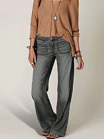 Långa raka denimjeans för kvinnor, avslappnad passform med knappdetaljer, medelstretchigt tyg