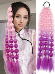 1pc Long Gold, Pink, Blue, Purple, Green, Grey, Red, Black Multicolor Braided Ponytail + Bubble Ponytail Hair Extensions 24 Inch Wrap Around Ponytail Fluffy Ponytail Extensions Curly Braided Straight Textured Hairband Ponytail For Women Daily Use - Multicolor - View 13