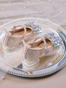 1 par de zapatos de tacón alto con cristales y lentejuelas para niñas, zapatos de princesa con lazo de cristal, suela blanda, adecuados para atuendos diarios, vestidos formales, actuaciones en el escenario, en todas las estaciones - Rosa - Ver 6
