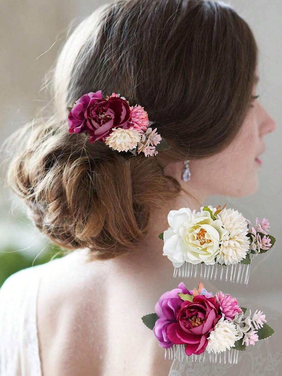 新娘海滩度假人造玫瑰花发梳，时尚多功能发髻固定器，森林风格金属发饰，情人节配饰