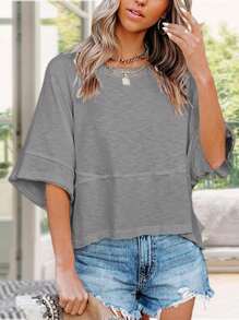 Women's Summer Casual Crewneck Batwing Half Sleeve T-Shirts Solid Color Loose Fit Cute Basic Flowy Tops Tees Blouses - 深灰色 - 查看 2