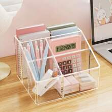 1pc Highly Attractive Pen Holder & Desktop Storage Box, Transparent Compartment Organizer For Students, Office, Makeup, Stationery - Multicolor - View 6