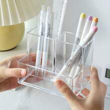 1pc Highly Attractive Pen Holder & Desktop Storage Box, Transparent Compartment Organizer For Students, Office, Makeup, Stationery - Multicolor - View 5