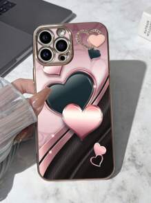 1 set de Funda de teléfono a prueba de golpes con patrón de corazón chapado en TPU rosa y 1 set de funda de teléfono a juego con corazón de rhinestones chapada en rosa, compatible con teléfonos Android, OPPO