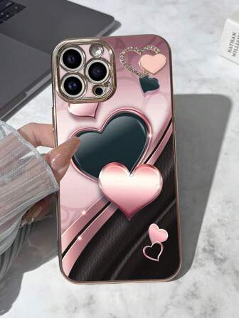 1pc Black TPU Electroplated Heart Pattern Shockproof Phone Case & 1pc Black Electroplated Rhinestone Heart Matching Phone Case, Suitable For Android Phones: , OPPO; And 17, 16, 15, 14, 13, 12, 11 Pro Max; A52 4G, A31 4G, A23; Redmi Note 11 Pro 4G