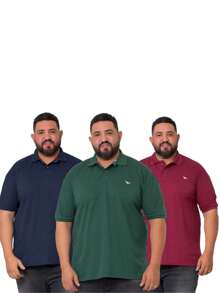 KIT 3 MEN'S POLO COLLAR PIQUET SHIRTS PLUS SIZE - Verde militar - Ver 1