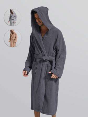 1pc Men Hooded Fleece Plush Bathrobe, Ultra-Soft, Fluffy, Non-Shedding, With Handy Pockets, Perfect As A House Coat Summer Wedding Home Bathroom Decor Back To School
