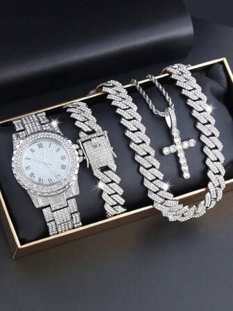 kuuioe 4 件/套个性化男士链项链腕带石英表套装、吊坠项链手链首饰套装、男女通用嘻哈首饰