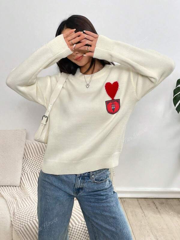 Suéter de mujer tejido con patrón de corazón, elegante suéter de manga larga para primavera y otoño